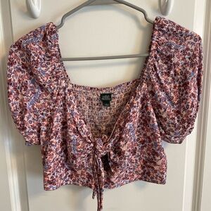 Pink and purple floral crop top with tie in front